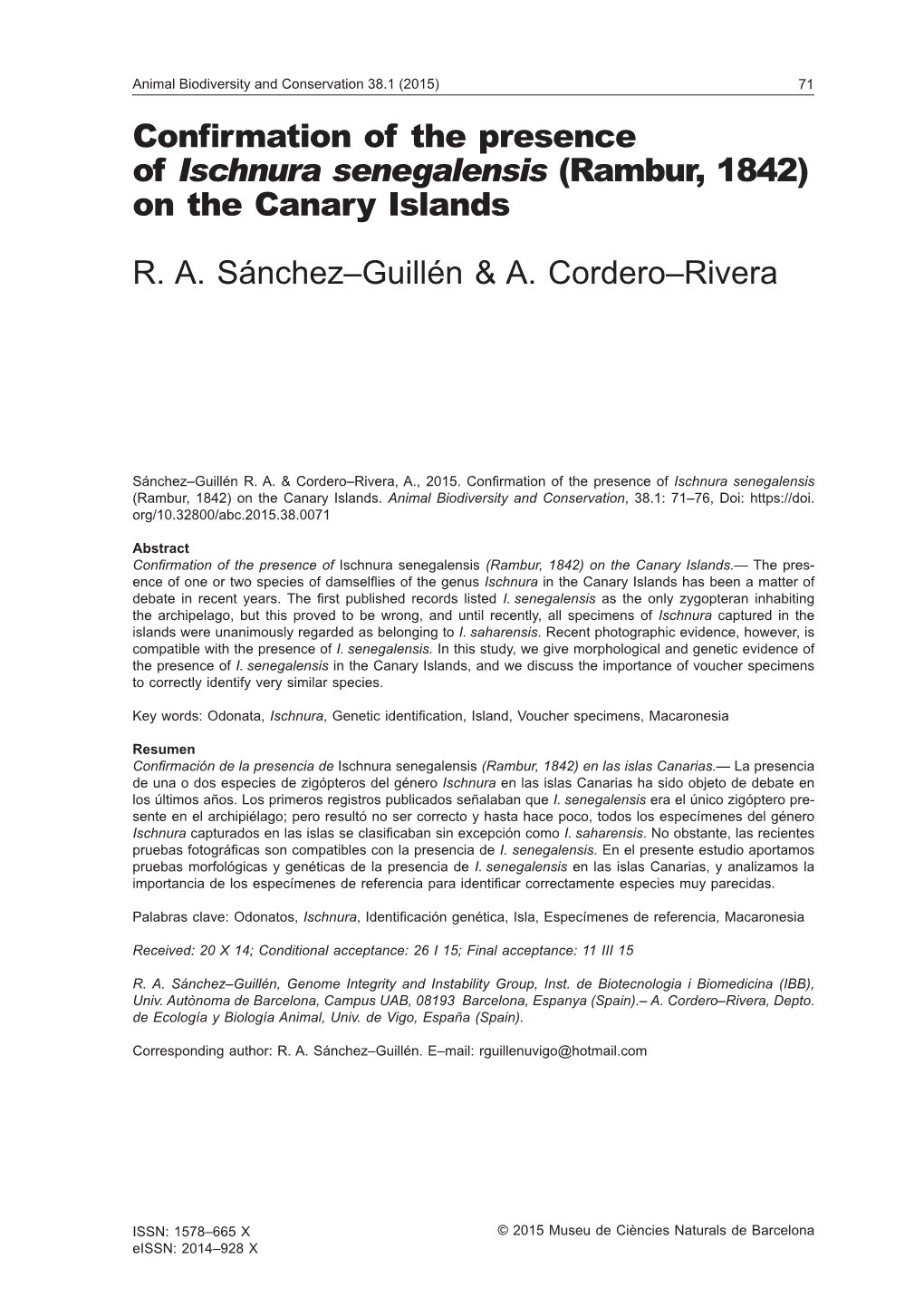 Confirmation of the Presence of Ischnura Senegalensis (Rambur, 1842) on the Canary Islands