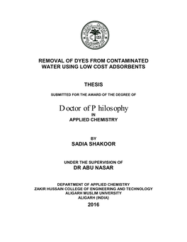 Removal of Dyes from Contaminated Water Using Low Cost Adsorbents Thesis