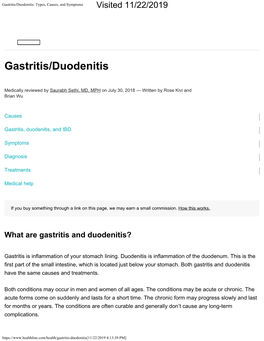Gastritis/Duodenitis: Types, Causes, and Symptoms Visited 11/22/2019