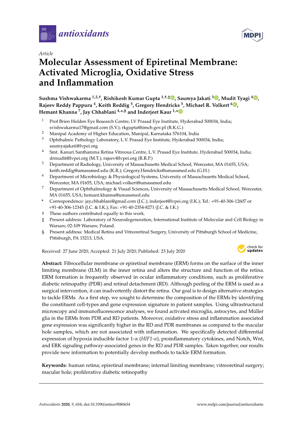 Molecular Assessment of Epiretinal Membrane: Activated Microglia, Oxidative Stress and Inﬂammation