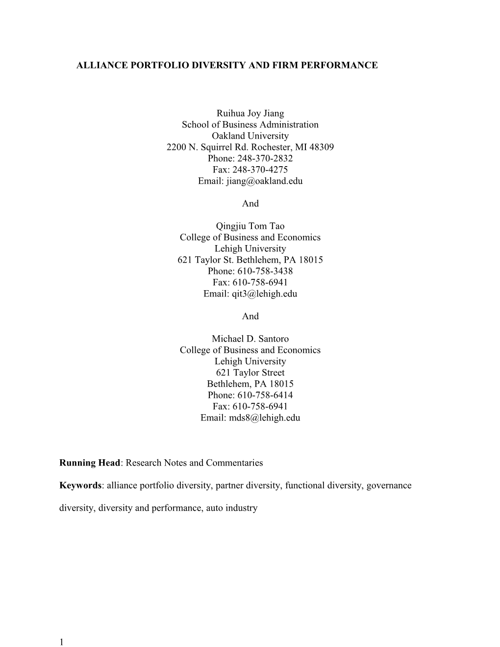 Alliance Portfolio Diversity and Firm Performance