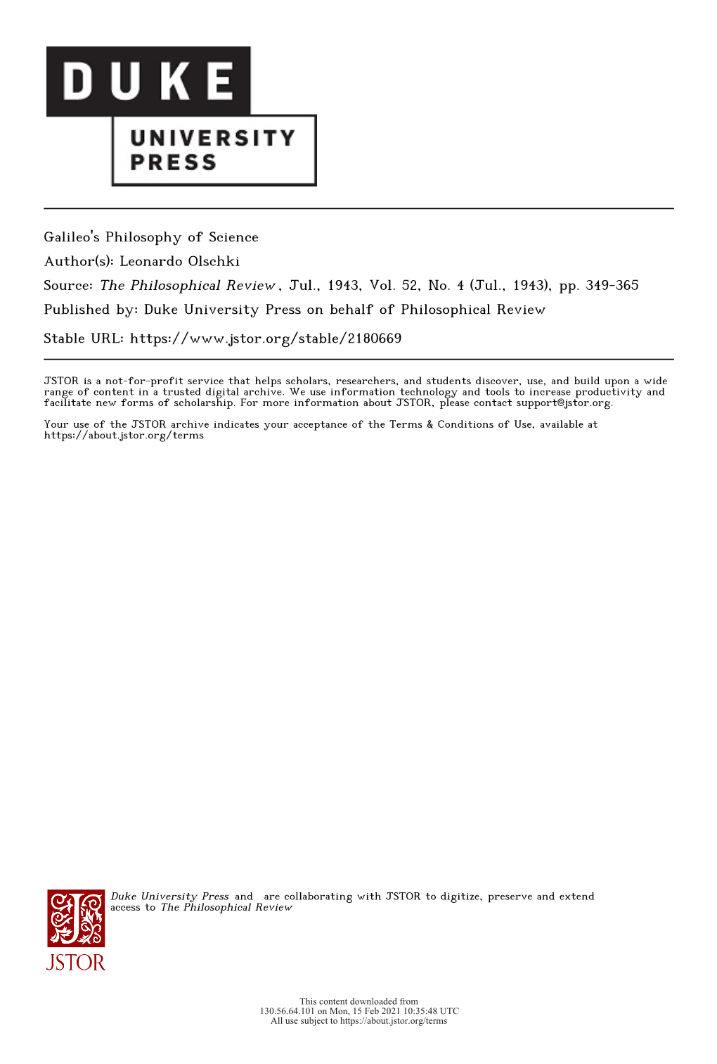 Galileo's Philosophy of Science Author(S): Leonardo Olschki Source: the Philosophical Review , Jul., 1943, Vol