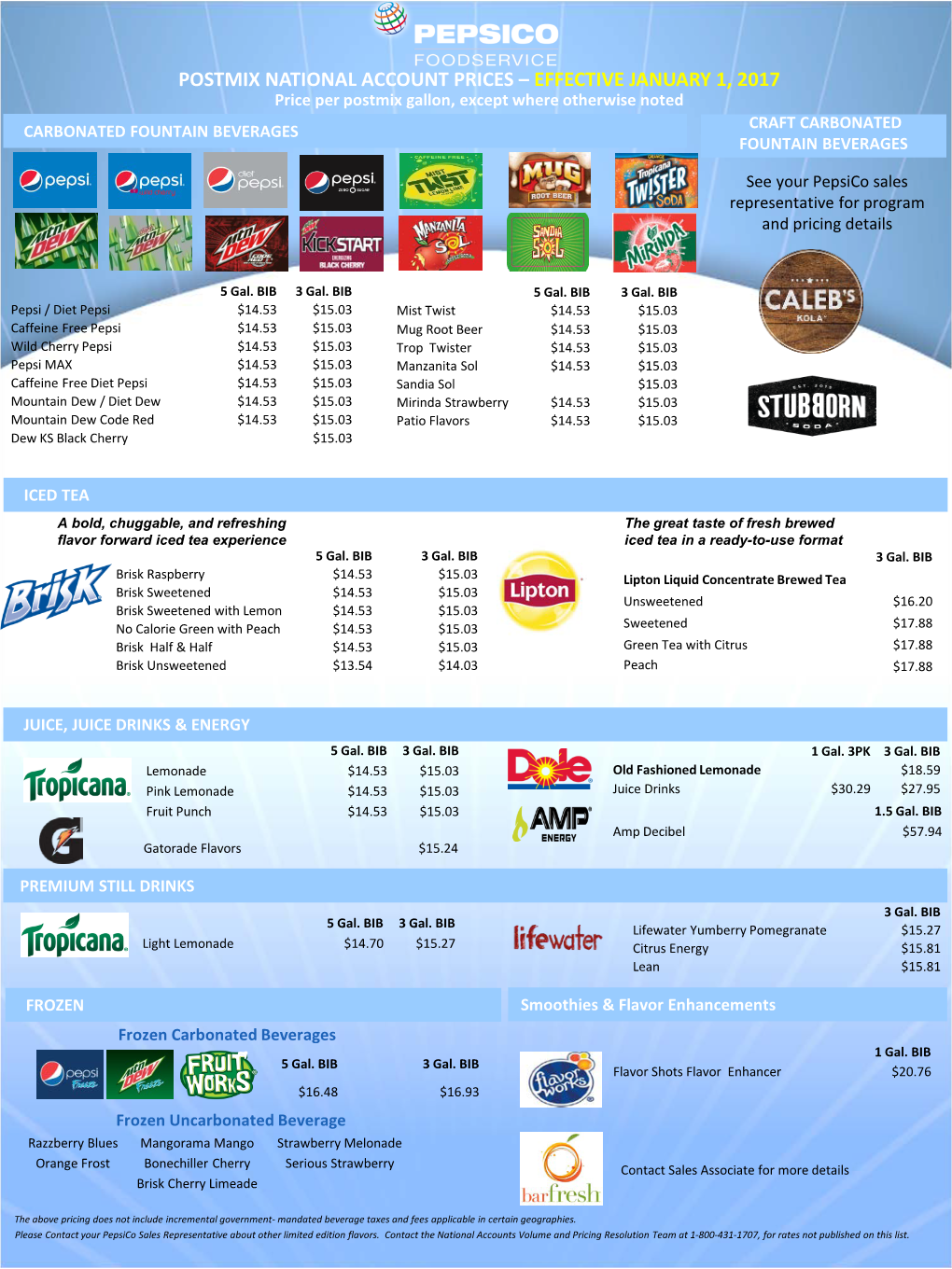 Postmix National Account Prices – Effective January 1