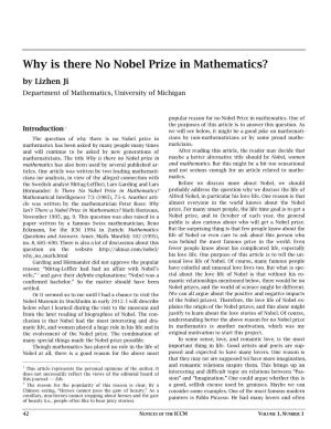 Why Is There No Nobel Prize in Mathematics? by Lizhen Ji Department of Mathematics, University of Michigan