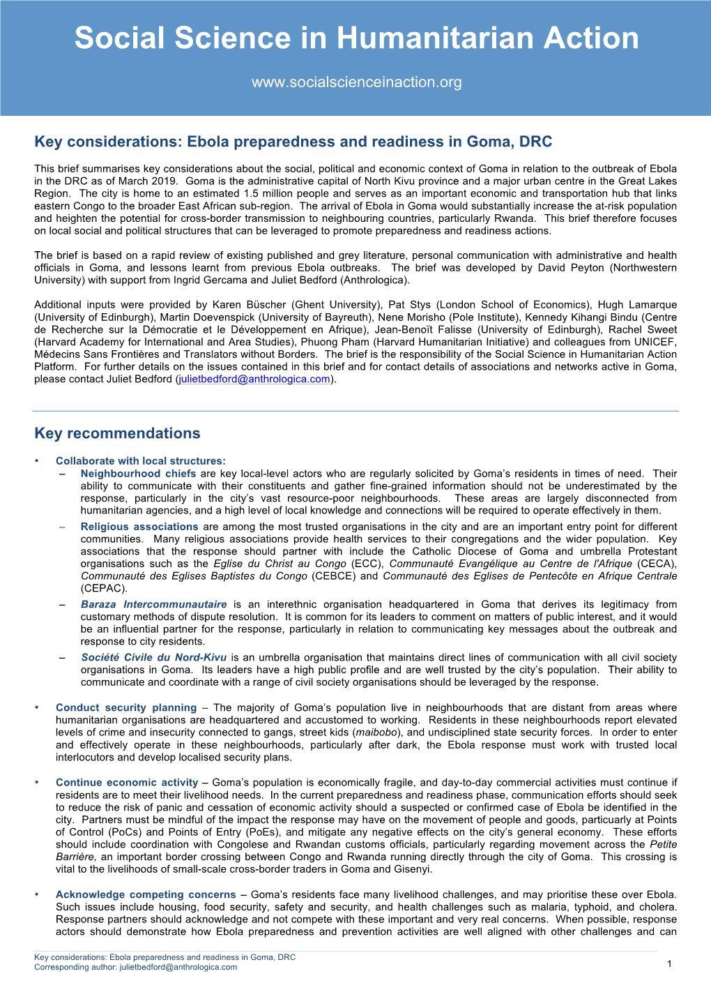 SSHAP Key Considerations Goma Preparedness and Readiness