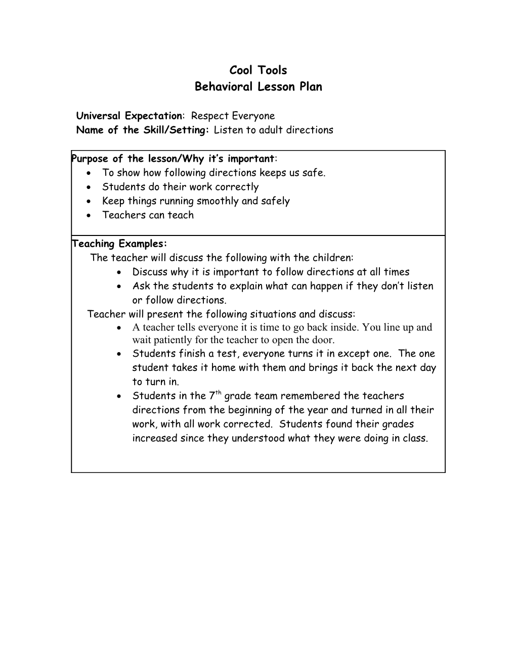 Behavioral Lesson Plan