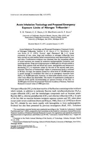 Acute Inhalation Toxicology and Proposed Emergency Exposure Limits of Nitrogen Trifluoridelj