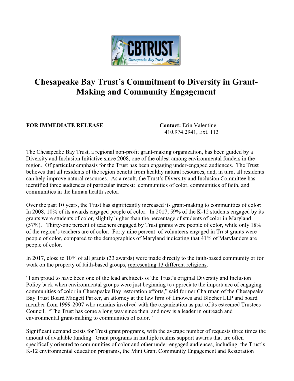 Chesapeake Bay Trust's Commitment to Diversity in Grant- Making And