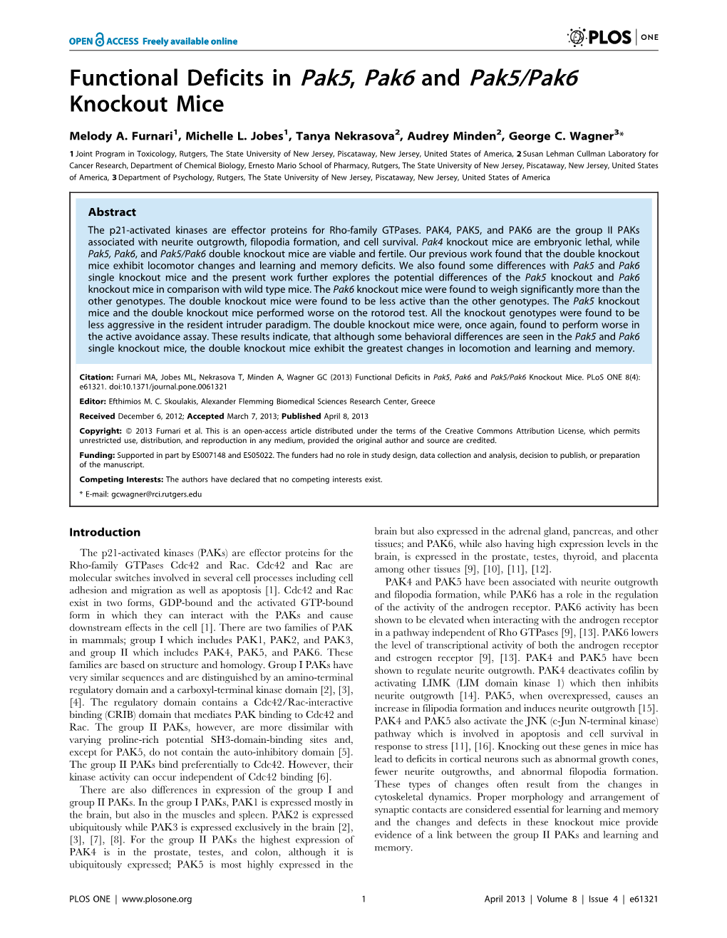 Functional Deficits in Pak5, Pak6 and Pak5/Pak6 Knockout Mice