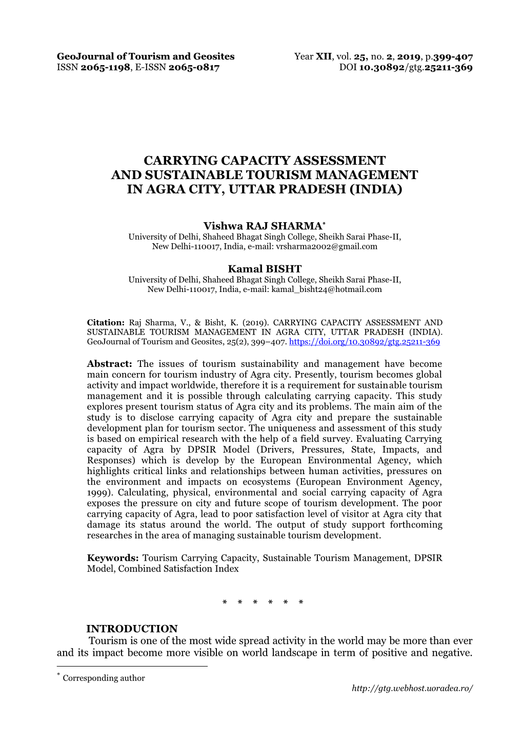 Carrying Capacity Assessment and Sustainable Tourism Management in Agra City, Uttar Pradesh (India)