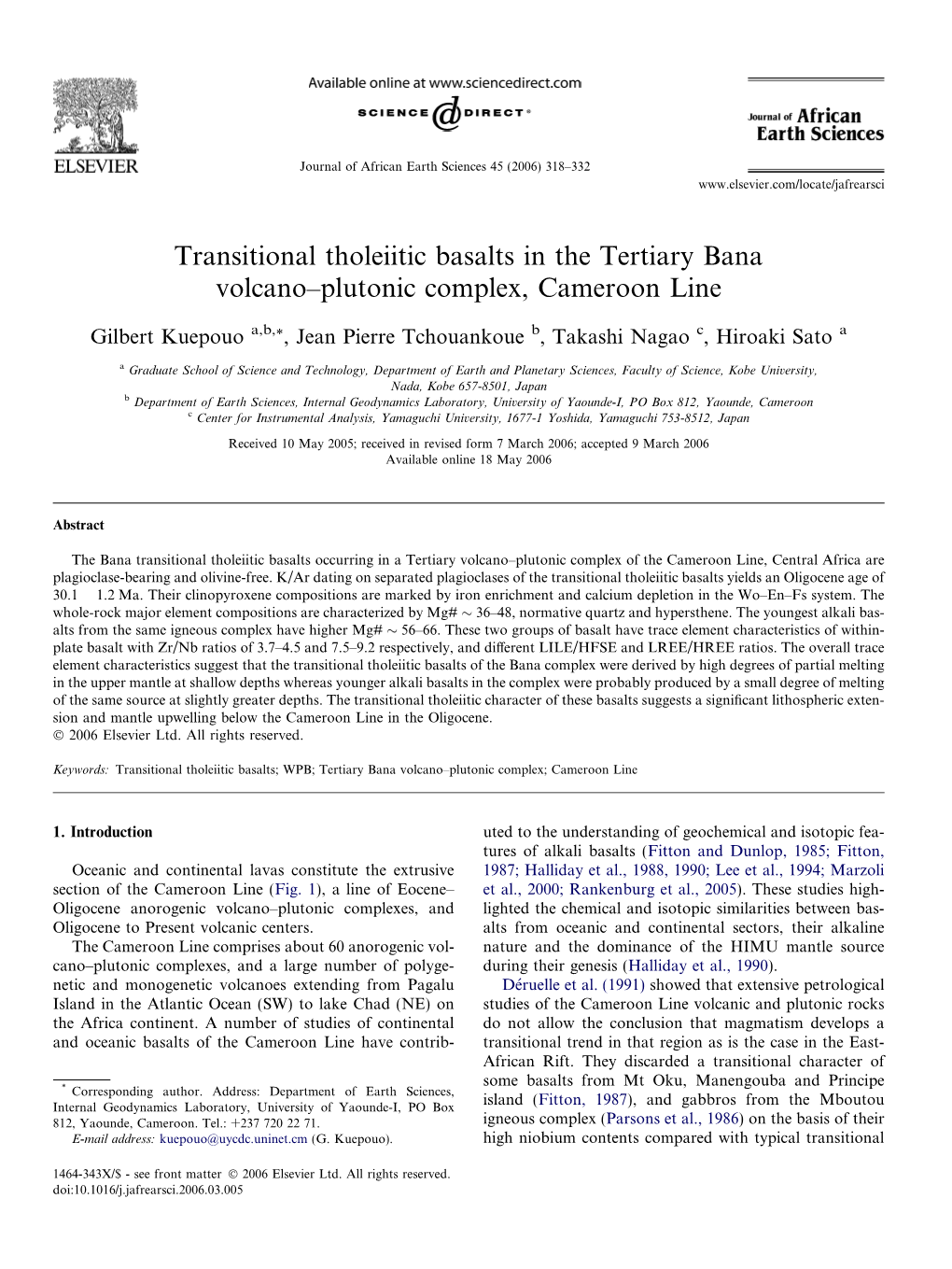 Transitional Tholeiitic Basalts in the Tertiary Bana Volcano–Plutonic Complex, Cameroon Line