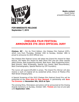 Chelsea Film Festival Announces Its 2015 Official Jury