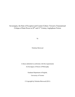 Sovereignty, the State of Exception and Counter-Culture: Toward a Transnational Critique of State Power in 20Th and 21St Century Anglophone Fiction