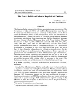 The Power Politics of Islamic Republic of Pakistan