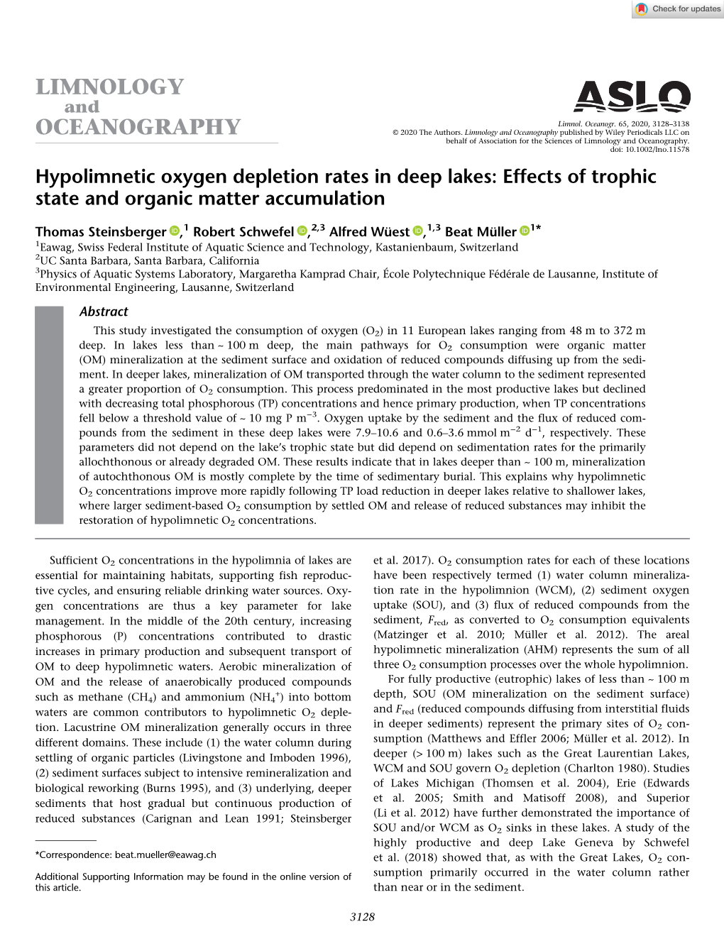 Hypolimnetic Oxygen Depletion Rates in Deep Lakes: Effects of Trophic State and Organic Matter Accumulation