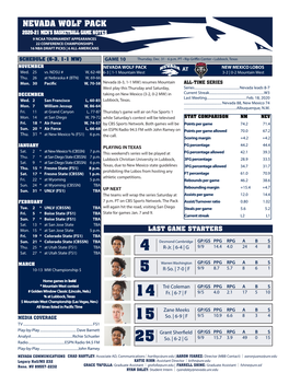 Nevada Wolf Pack 2020-21 Men’S Basketball Game Notes 9 Ncaa Tournament Appearances 22 Conference Championships 16 Nba Draft Picks | 6 All-Americans