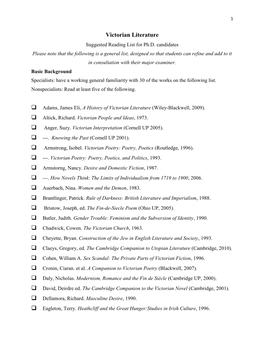 Victorian Literature Suggested Reading List for Ph.D