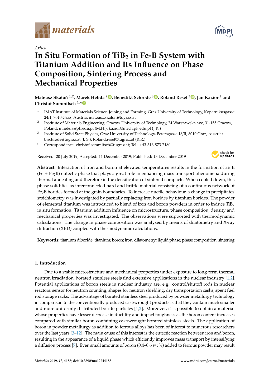 In Situ Formation of Tib2 in Fe-B System with Titanium Addition and Its Influence on Phase Composition, Sintering Process and Me