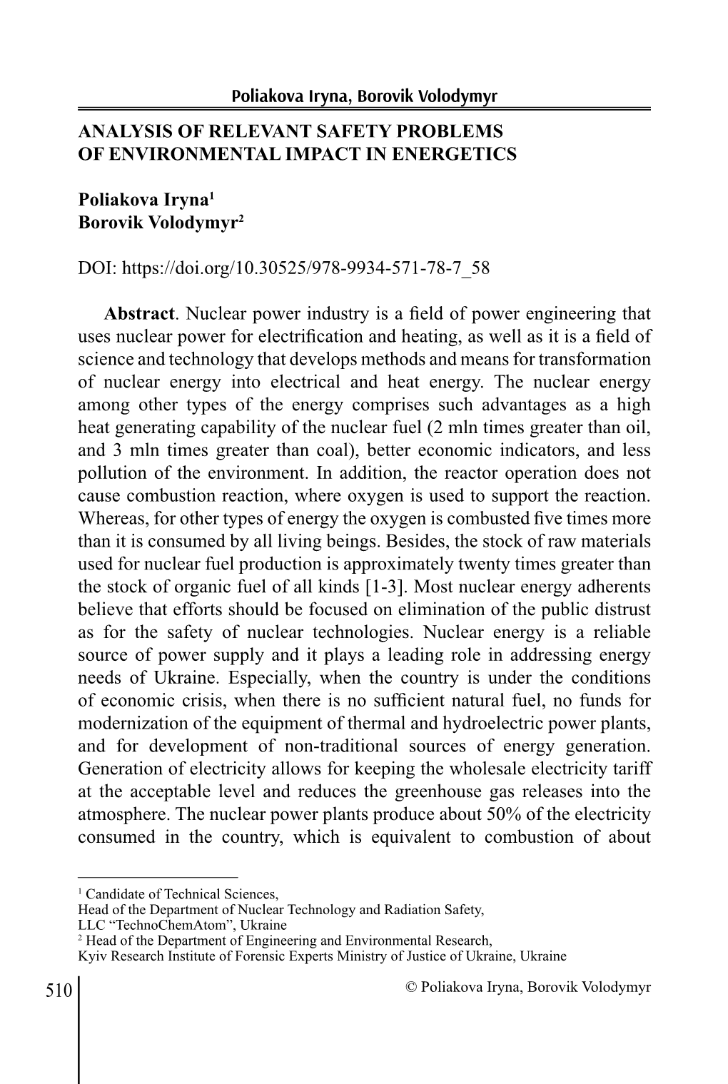 Poliakova Iryna, Borovik Volodymyr Analysis of Relevant Safety Problems of Environmental Impact in Energetics