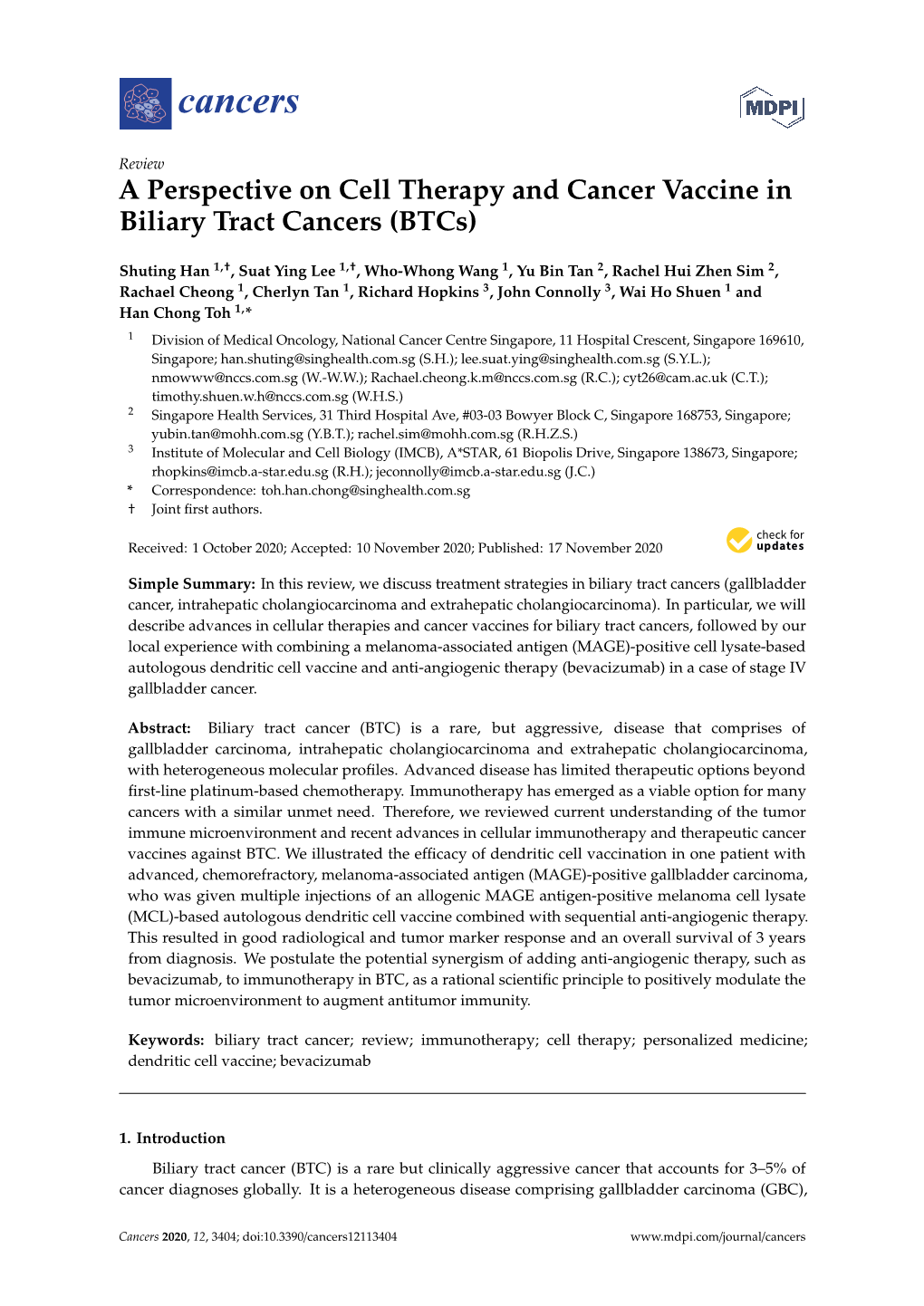 A Perspective on Cell Therapy and Cancer Vaccine in Biliary Tract Cancers (Btcs)