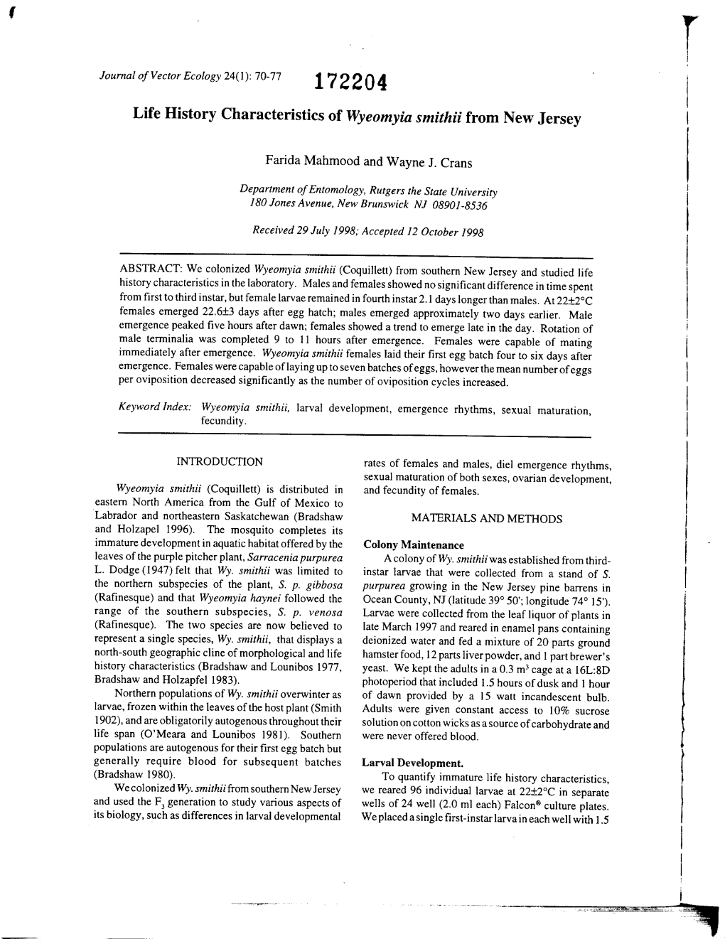 Life History Characteristics of Wyeomyia Smithii from New Jersey