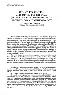 Corinthian Religion and Baptism for the Dead (1 Corinthians 15:29): Insights from Archaeology and Anthropology Richard E