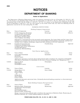NOTICES DEPARTMENT of BANKING Action on Applications