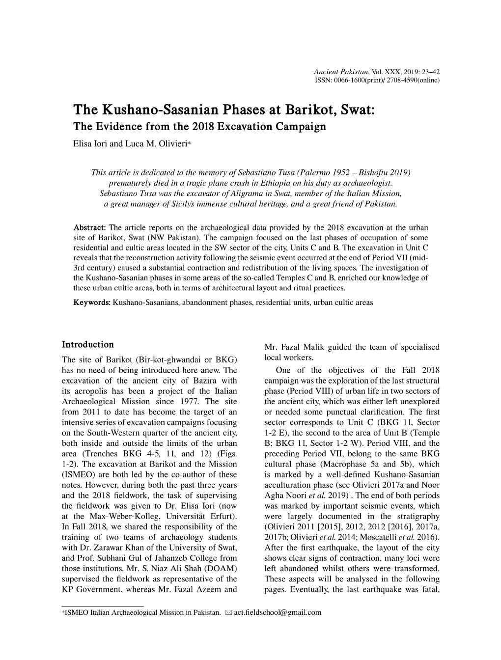 The Kushano-Sasanian Phases at Barikot, Swat: the Evidence from the 2018 Excavation Campaign