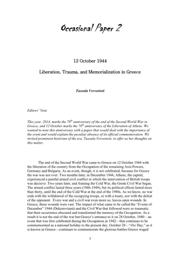 Liberation, Trauma, and Memorialization in Greece, Tasoula Vervenioti