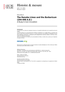 The Danube Limes and the Barbaricum (294-498 A.D.) a Study in Coin Circulation