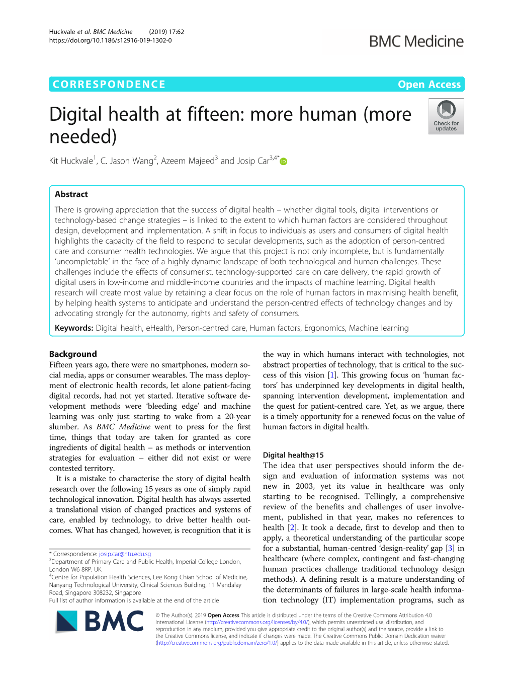 Digital Health at Fifteen: More Human (More Needed) Kit Huckvale1, C