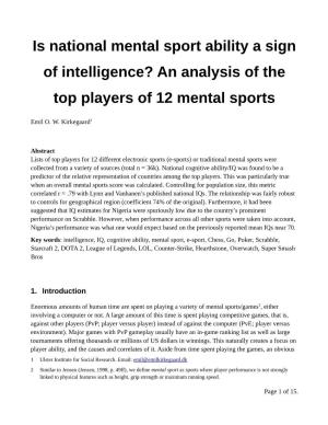 Is National Mental Sport Ability a Sign of Intelligence? an Analysis of the Top Players of 12 Mental Sports