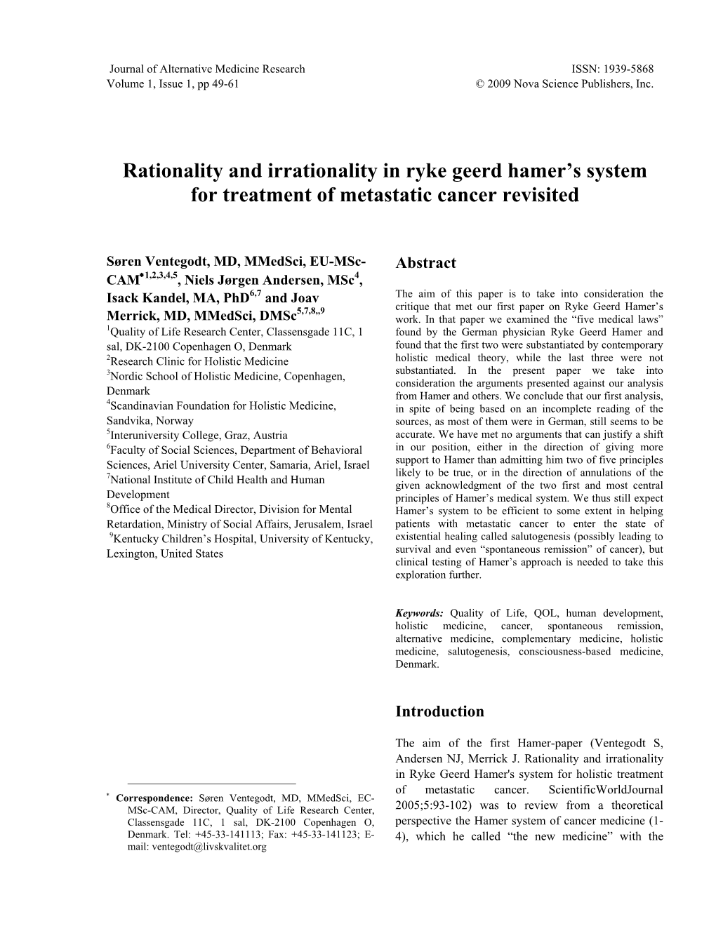 Rationality and Irrationality in Ryke Geerd Hamer's System for Treatment