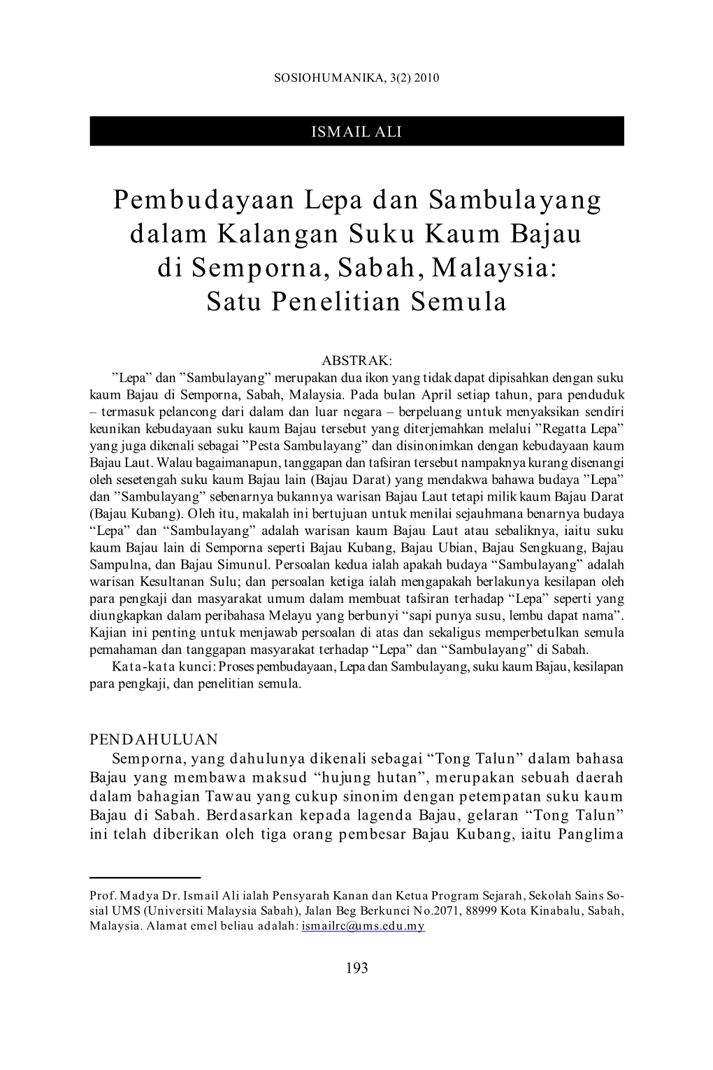 Pembudayaan Lepa Dan Sambulayang Dalam Kalangan Suku Kaum Bajau Di Semporna, Sabah, Malaysia: Satu Penelitian Semula