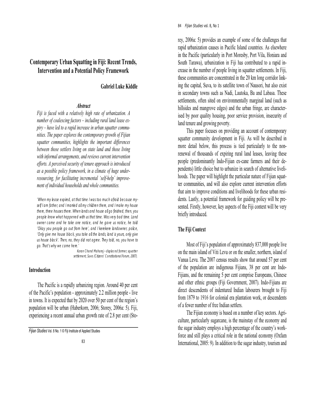 Contemporary Urban Squatting in Fiji: Recent Trends, Intervention and a Potential Policy Framework