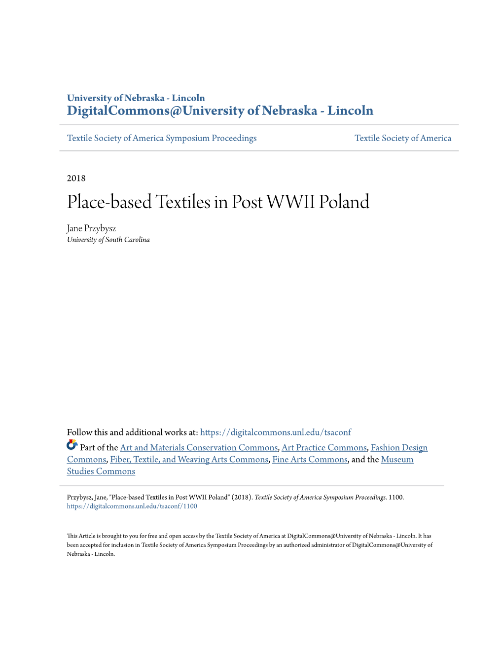 Place-Based Textiles in Post WWII Poland Jane Przybysz University of South Carolina