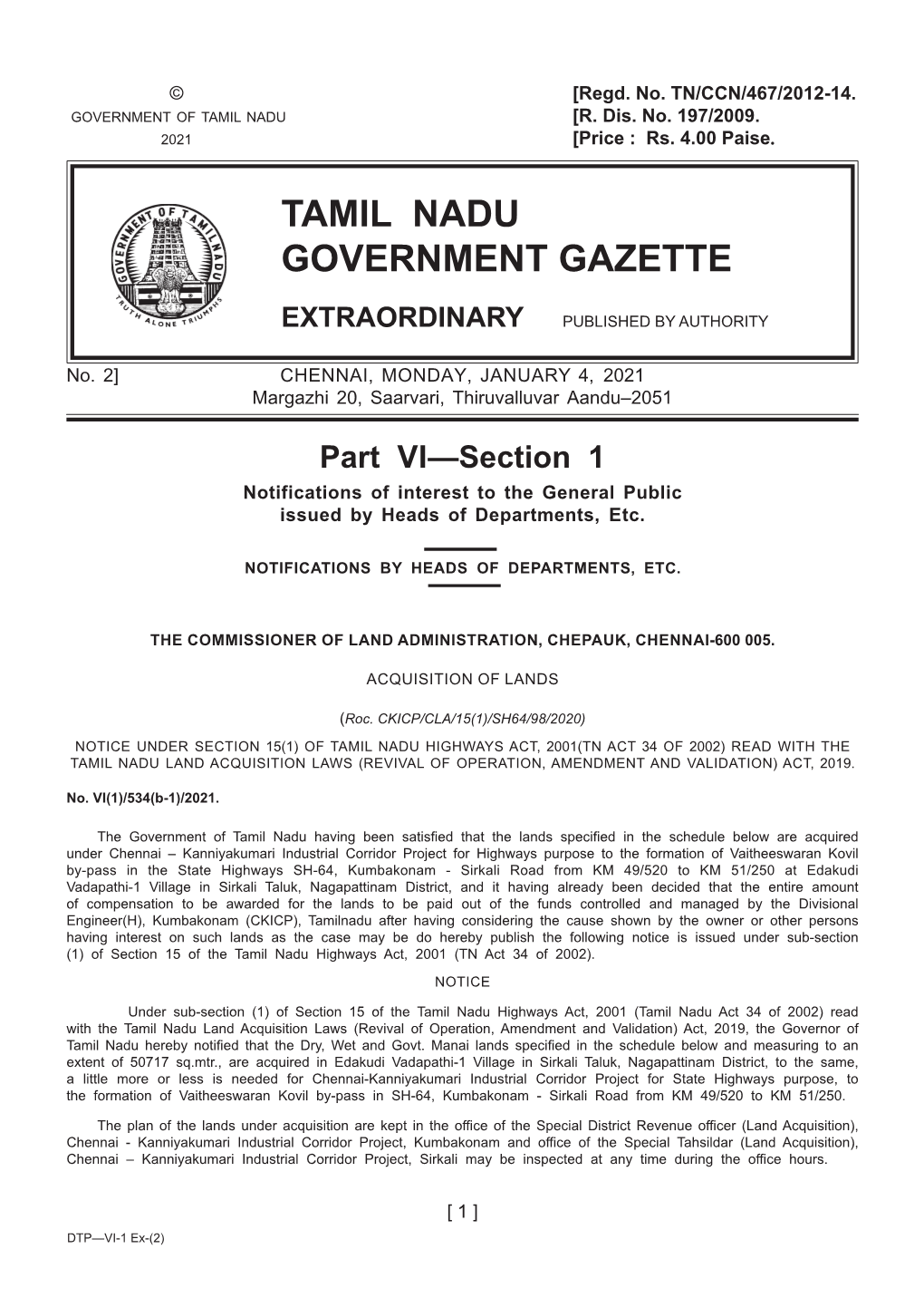 Tamil Nadu Government Gazette Extraordinary