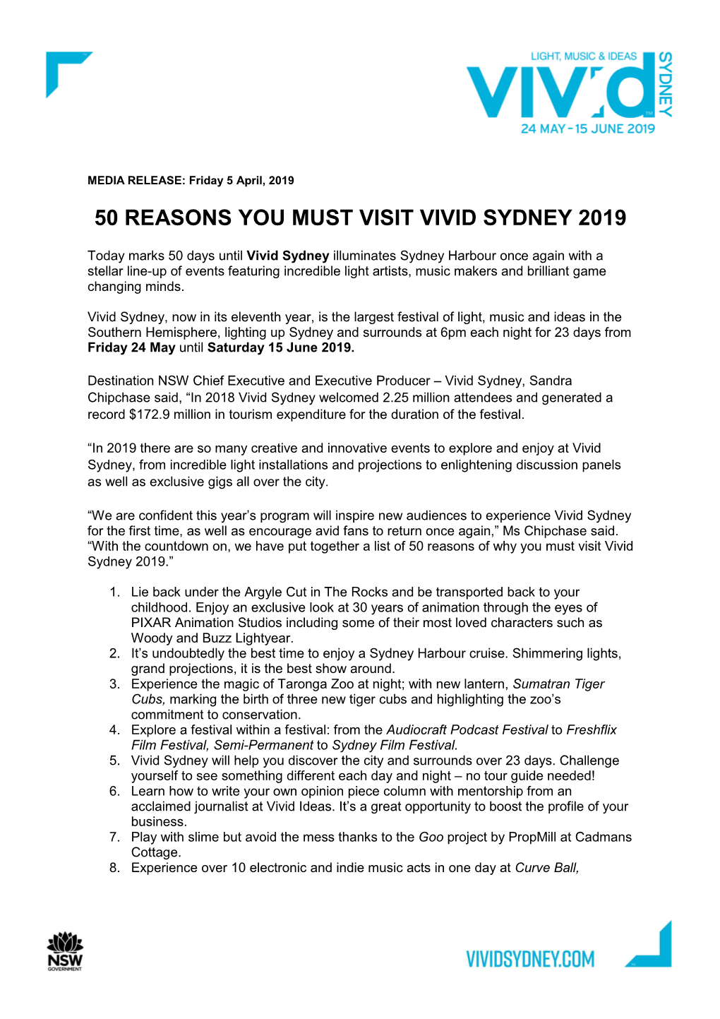 Vivid 2019 50 Days to Go Press Release