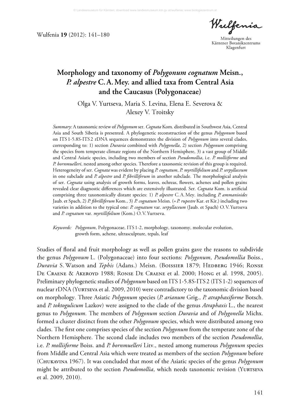 Morphology and Taxonomy of Polygonum Cognatum Meisn., P