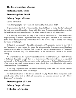 The Protevangelium of James Protevangelium Jacobi Protoevangelium Jacobi Infancy Gospel of James Protoevangelion of James Infanc