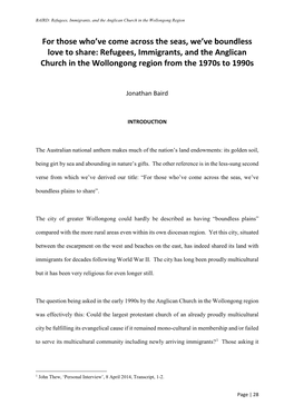 Refugees, Immigrants, and the Anglican Church in the Wollongong Region