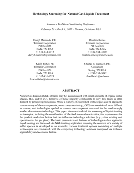 Technology Screening for Natural Gas Liquids Treatment ABSTRACT