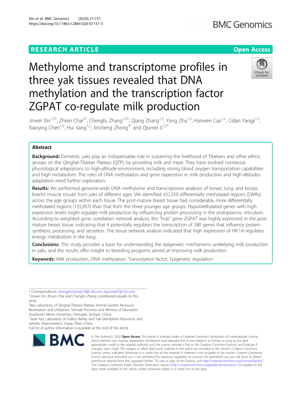 Methylome and Transcriptome Profiles in Three Yak Tissues Revealed That