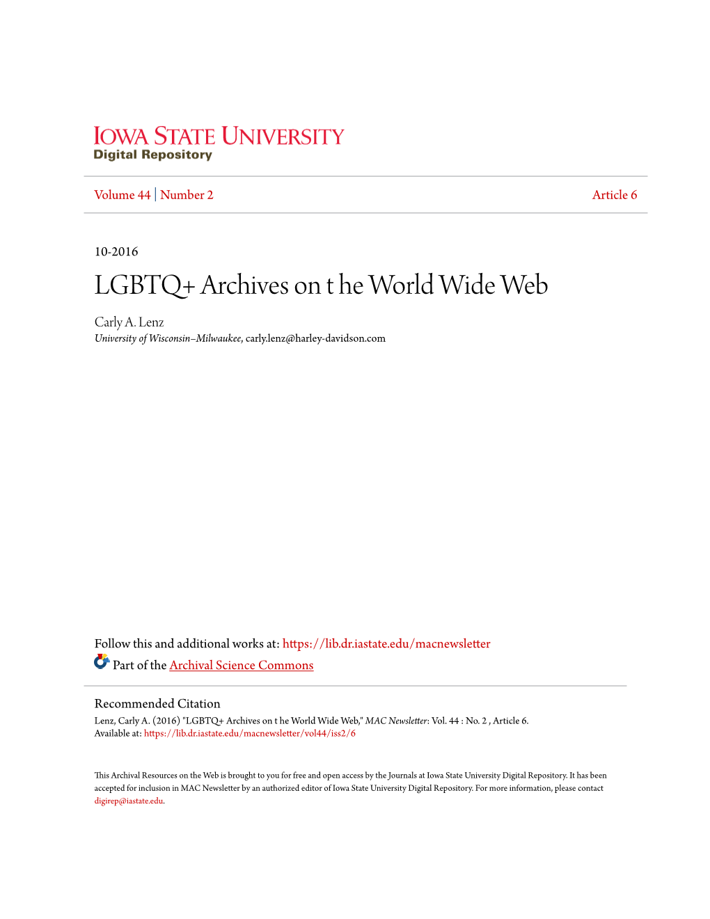 LGBTQ+ Archives on T He World Wide Web Carly A