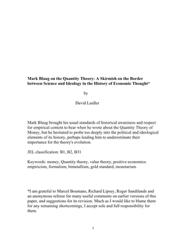 Mark Blaug on the Quantity Theory: a Skirmish on the Border Between Science and Ideology in the History of Economic Thought*