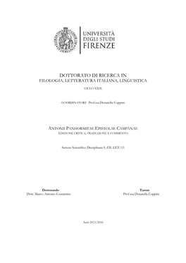 Dottorato Di Ricerca in Filologia, Letteratura Italiana, Linguistica