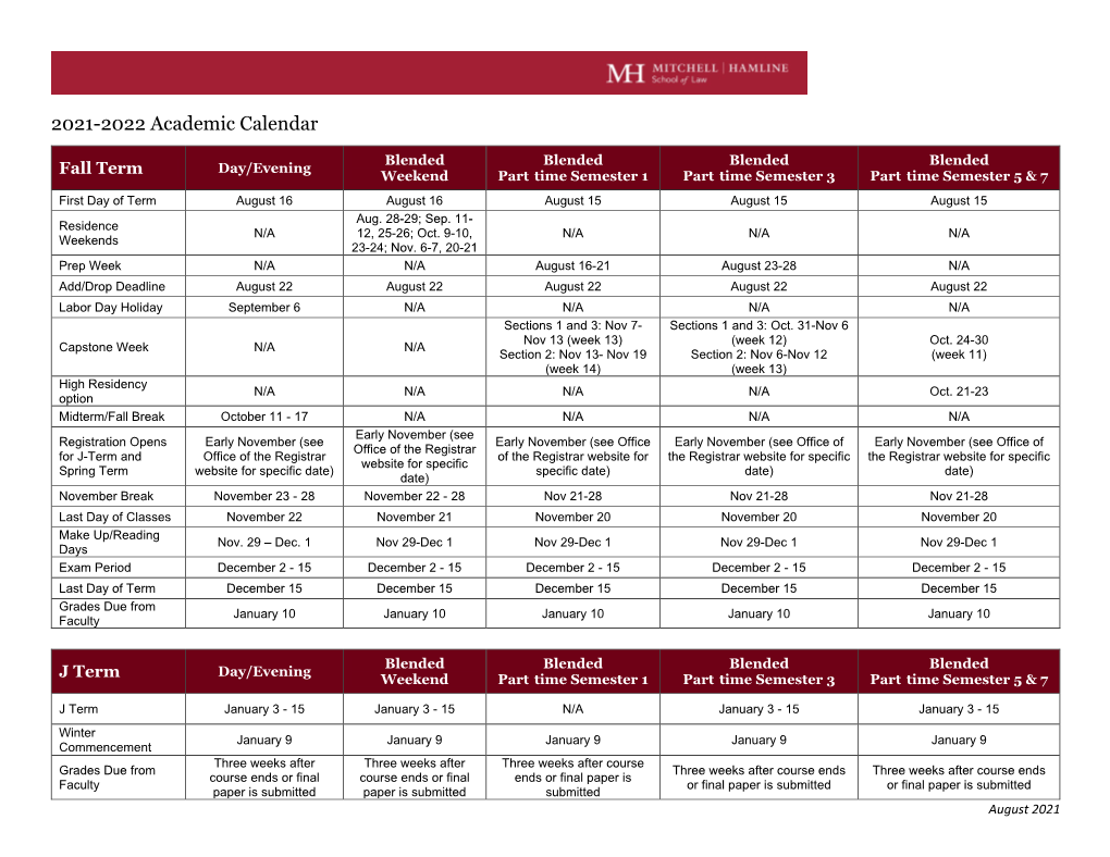 2021-2022 Academic Calendar