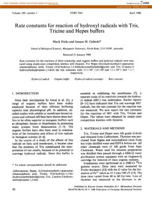Rate Constants for Reaction of Hydroxyl Radicals with Tris, Tricine and Hepes Buffers