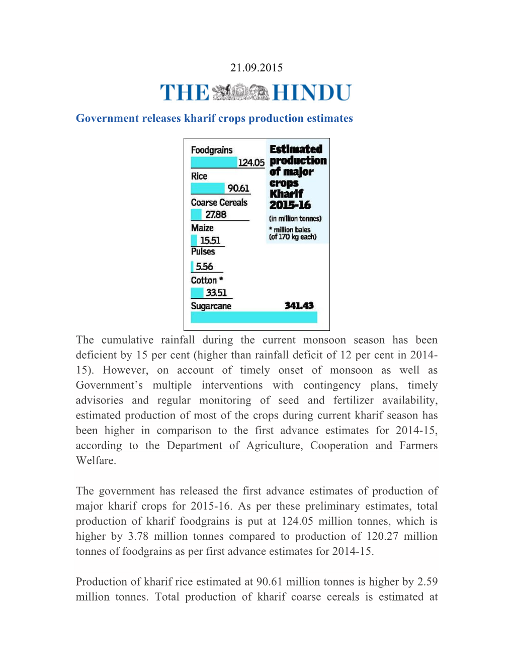 21.09.2015 Government Releases Kharif Crops Production Estimates