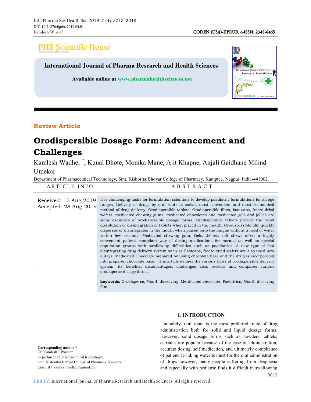 Orodispersible Dosage Form: Advancement and Challenges